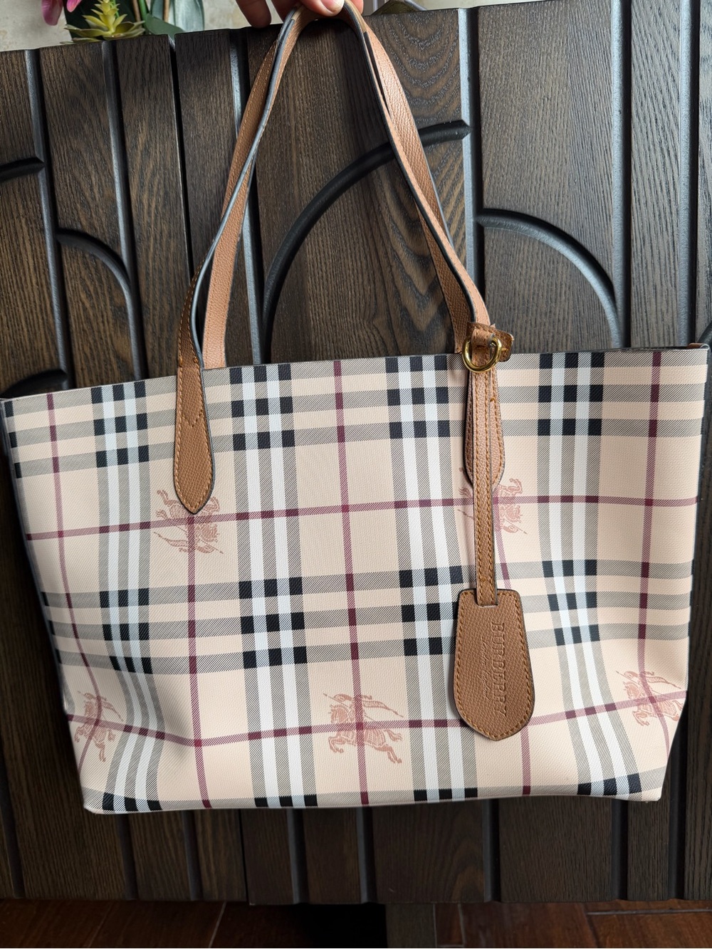 Burberry Beige Plaid Shoulder Tote with Tan Leather Trim